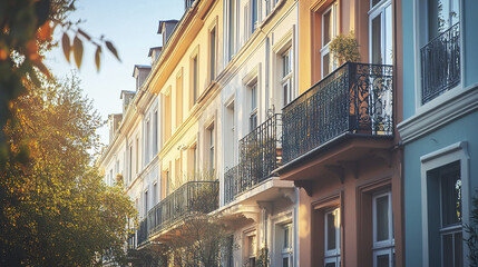 Obraz premium Colorful row houses with ornate balconies in soft sunlight