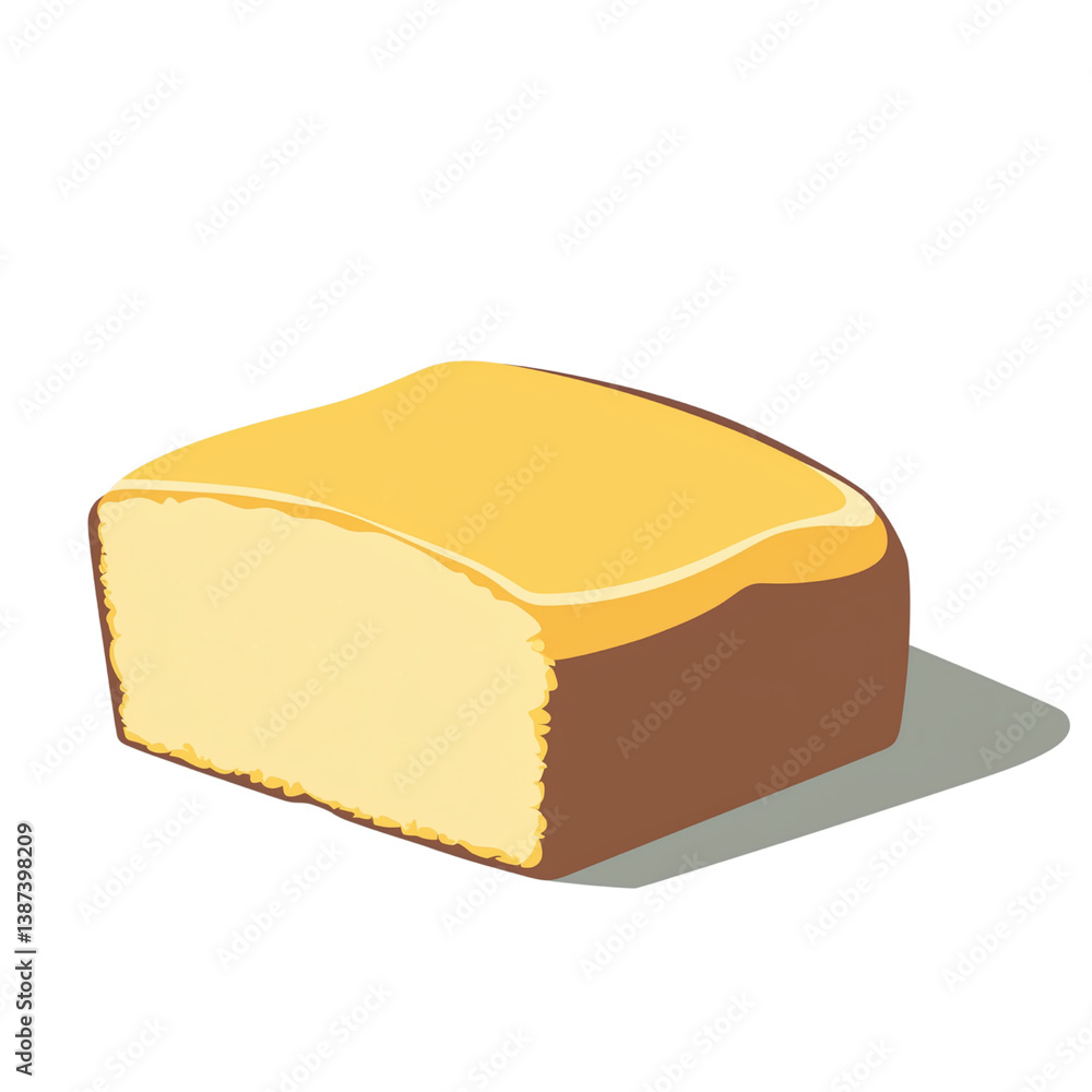 Poster a slice of cake with a yellow frosting on top and a brown base, highlighting its textures and colors