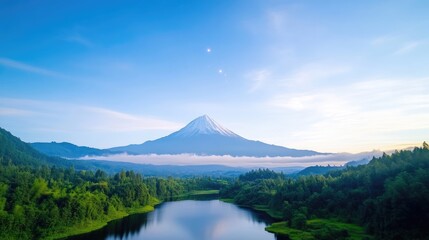 A majestic snow-capped mountain dominates the landscape. Lush green forests and a calm lake frame the mountains base. The image is high-resolution, with vibrant colors and clear details. It has a se