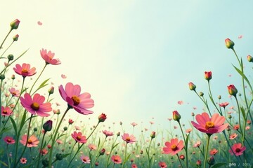 Obraz premium Scattered wildflowers, delicate lines, light color palette, blossom, wallpaper, simple