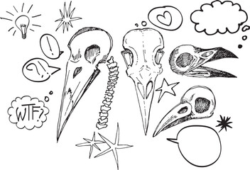 Halloween Clipart Funny Sketch llustration Wtf comic speech bubble icon with cloud heart star symbols Set animal head Ink Line drawing comics style print design element dead bird skull contour spooky 