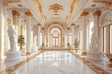 Fototapeta premium Grand Hall of Elegance: A breathtaking grand hall, bathed in sunlight, adorned with intricate gold detailing and towering columns, showcasing opulent architecture and timeless design.