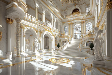 Fototapeta premium Grandeur of Hall: A breathtaking view of opulent hall, detailed with classical architectural elements, featuring majestic columns, elegant arches, intricate ornamentation.
