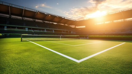 Sunset view of empty tennis court in stadium.