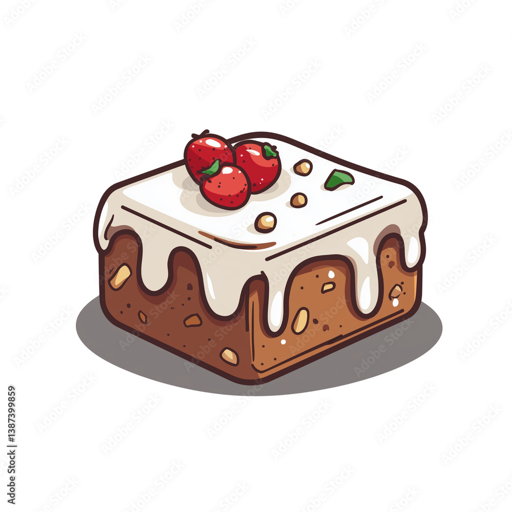 Poster a delicious slice of cake topped with cherries and creamy frosting, set on a simple gray background 