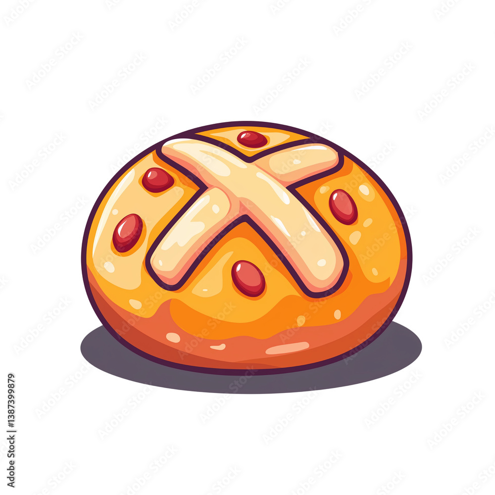 Poster a colorful, stylized bread roll topped with a cross design and dots,, highlighting its texture and v
