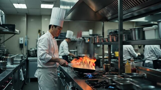Skilled chef tossing ingredients in a sizzling pan with flames in a bustling professional kitchen

