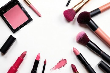 White backdrop showcasing various makeup products, products, accessories, perfect