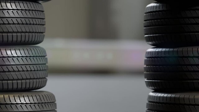 Close-up 3D animation of stacked car tires arranged in layers. Ideal for automotive industry, tire storage, or service center visuals.	
