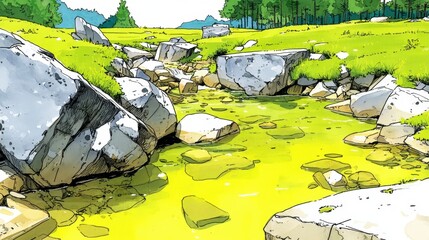 Vibrant green stream flows between grey rocks and lush green grass under a sunny sky.
