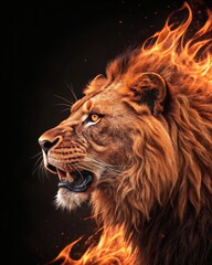 Naklejka premium Fiery lion in majestic profile, vivid mane blazing against dark background, symbolizing strength.