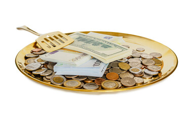 Money on a golden plate with spatula