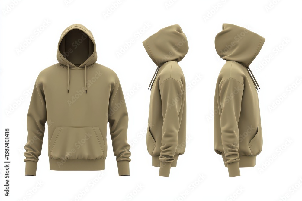 Poster stylish and comfortable beige hoodie displayed from multiple angles to highlight its features and de