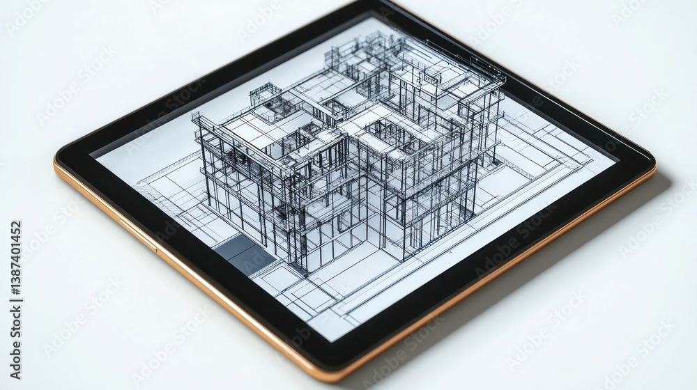 Aufkleber tablet displaying 3d architectural model of a house.
