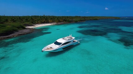 Fototapeta premium Luxurious yacht gliding through turquoise waters near a tropical island paradise