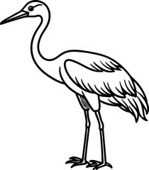 Crane bird simple black line art image, Black bold outline vector icon, Bird vector illustration