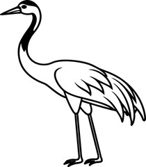 Crane bird simple black line art image, Black bold outline vector icon, Bird vector illustration