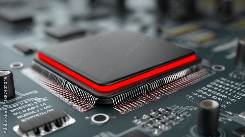 Poster close up of a black computer processor with a red light on a circuit board.