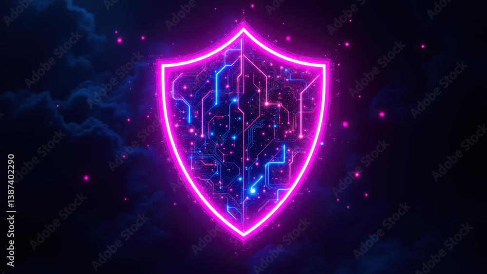 Poster cybersecurity shield with digital circuitry background and pink glowing outline.