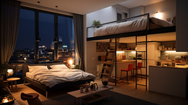 Plan sur un studio moderne de nuit, avec mezzanine et d&eacute;corations. &Eacute;l&eacute;gant, luxe. Lumi&egrave;res douces et vue sur la ville. Pour conception et cr&eacute;ation graphique.