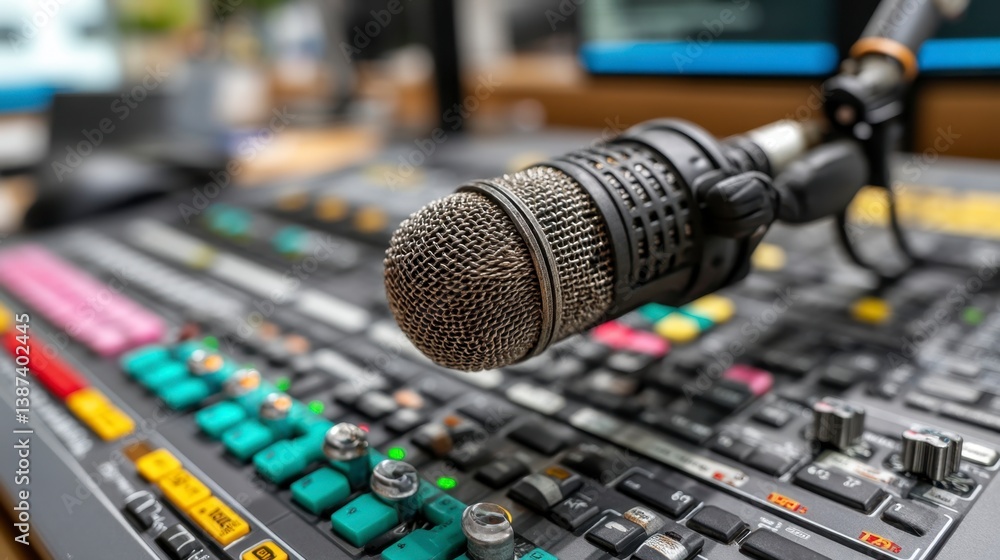 Aufkleber close up of a microphone positioned above a broadcasting audio mixing console.