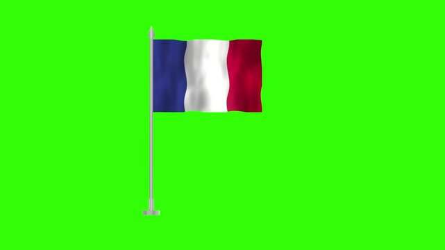 Flag of France, Pole flag of France on Green screen chroma key, France 3D Animation flag waving in the wind isolated on Green Background. 
