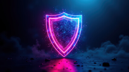 Fototapeta premium A digital shield glowing with neon lights on a cybernetic background represents protection against online threats.