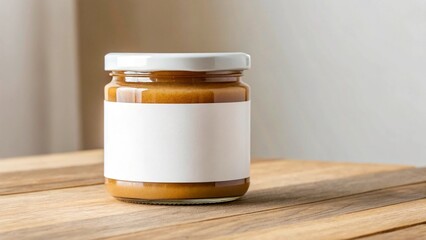 Blank White Label Hazelnut Spread Jar Mockup – Clear Glass Jar with Golden Spread on Wooden Table (Customizable Packaging)