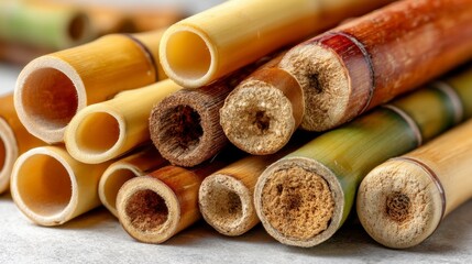 Close up of various bamboo stalks, showcasing different colors and textures. The cut ends reveal the hollow interiors.