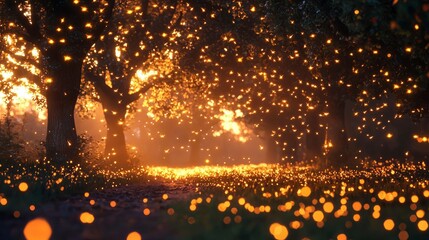 Golden lights illuminate trees in a serene forest. Holiday marketing