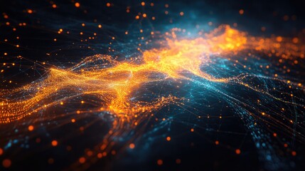 Fototapeta premium Global Connectivity Illustration: Stylized World Map with Bright Yellow Lines Connecting Orange, Yellow, and Teal Location Markers, Complemented by a Vibrant Cityscape Below