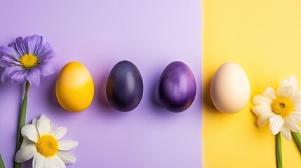Colorful Easter Eggs and Spring Flowers on Purple and Yellow