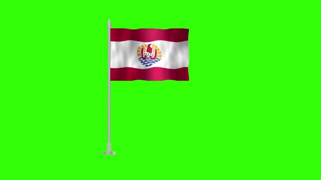 Flag of Frence Polynisia, Pole flag of Frence Polynisia on Green screen chroma key, Frence Polynisia 3D Animation flag waving in the wind isolated on Green Background. 
