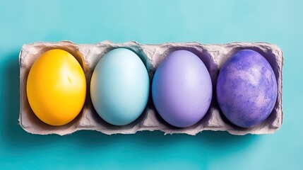Painted Easter Eggs in Carton on Blue Background