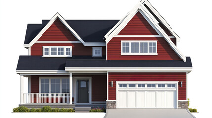 Red modern house with white trim and garage on white background