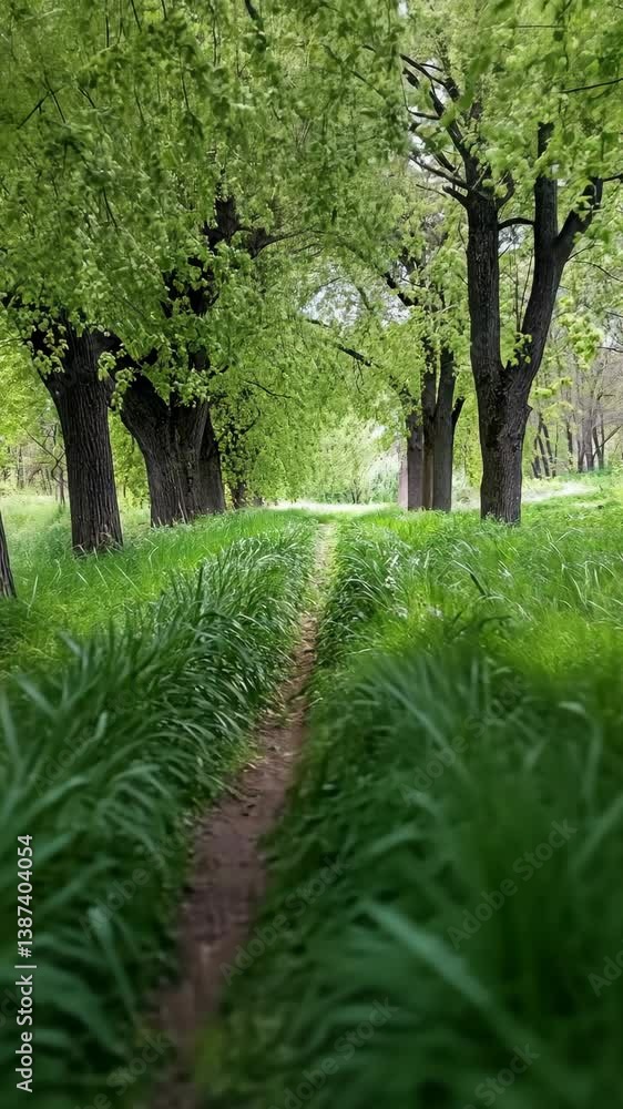 Poster lush green pathway through trees in a serene natural setting during springtime