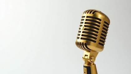 Fototapeta premium Close-up shot of a single gold microphone on white background, isolated, recording