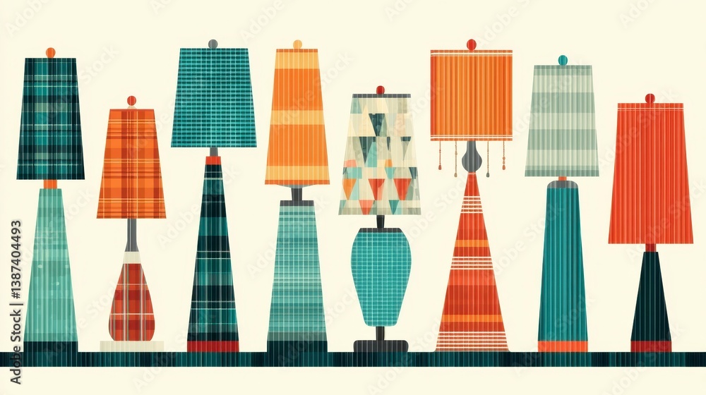 Poster collection of various lamps with different colors and patterns, displayed in a row against a light b