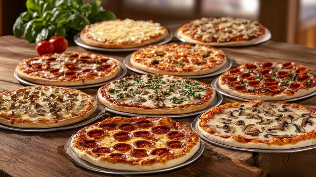 A selection of freshly baked pizzas with various toppings. Featuring comfort and variety