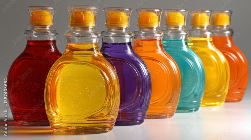 Poster row of colorful translucent bottles with yellow caps against a gray background.