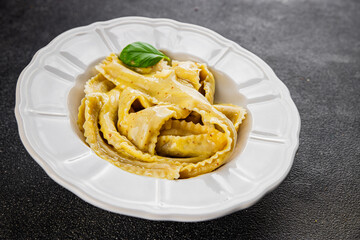 Pappardelle pasta filling vegetable main course appetizer dish fresh gourmet food background on the table rustic food top view copy space  vegetarian and vegan food