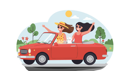 Two friends enjoying a road trip in a red convertible against nature  
