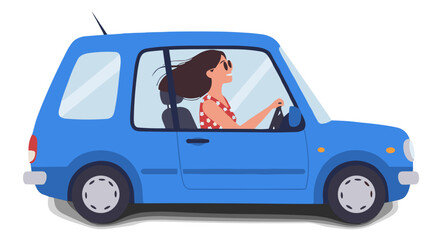 Woman driving a blue car with joy  