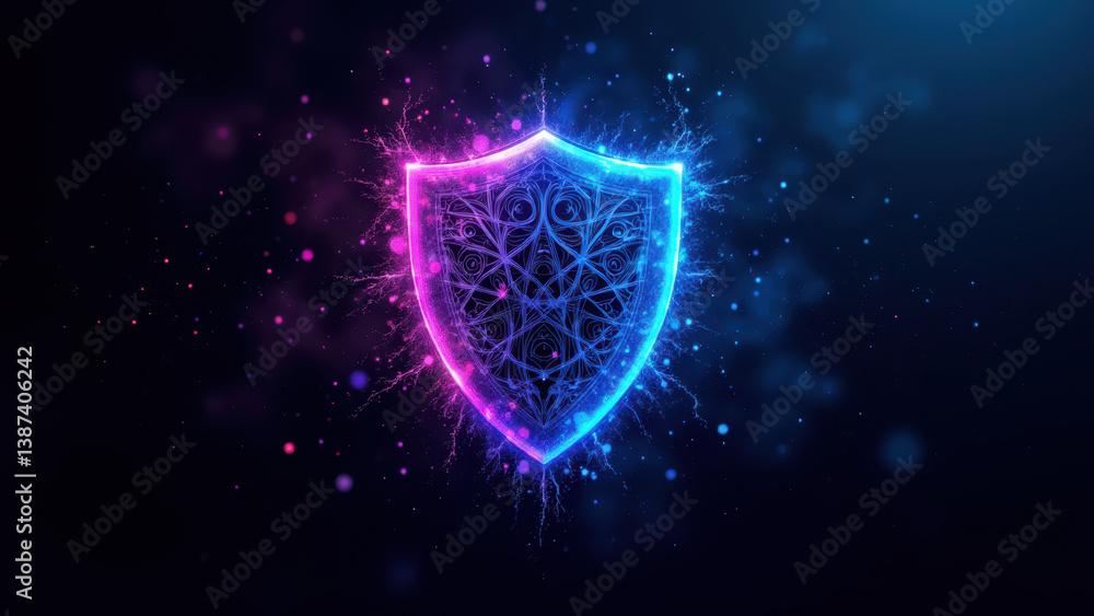 Poster a vibrant graphic with a shield-like icon and particles resembling energy or data flow, symbolizing 