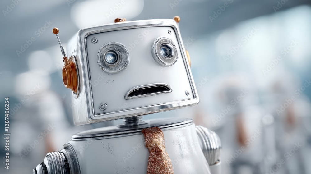 Poster close up of a vintage style robot with a worried expression, surrounded by other robots in a blurred
