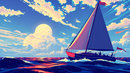 Naklejka premium A sailboat sails across the ocean with a vibrant sky and sun in the background.