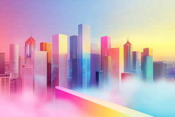 Fototapeta premium Vibrant Cityscape: Modern city skyline bathed in a mesmerizing spectrum of colors. Architectural wonder merging with artistic flair