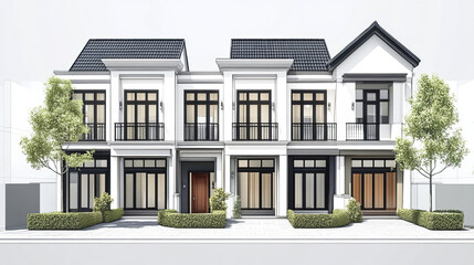 Fototapeta premium Elegant white terrace house with large windows and manicured shrubs