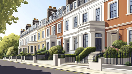 Obraz premium Elegant row of colorful terrace houses with lush greenery