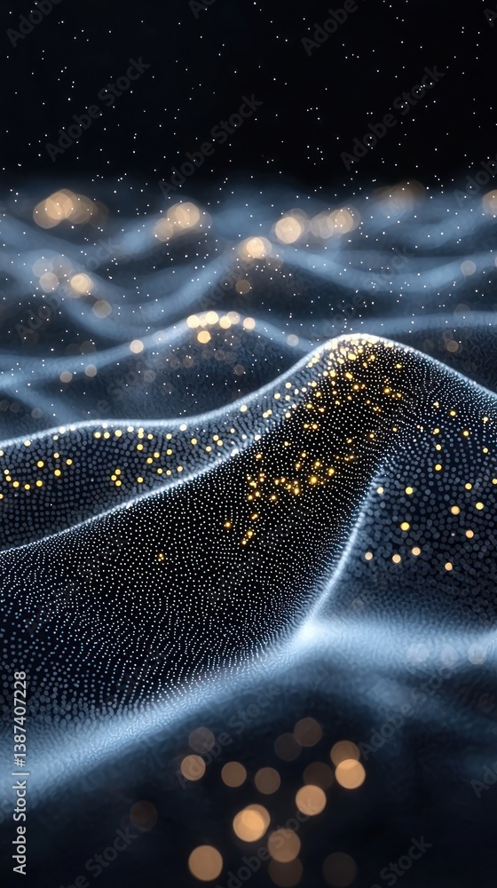 Poster abstract digital landscape of glowing particles. dynamic, textured, and illuminated. particles form 